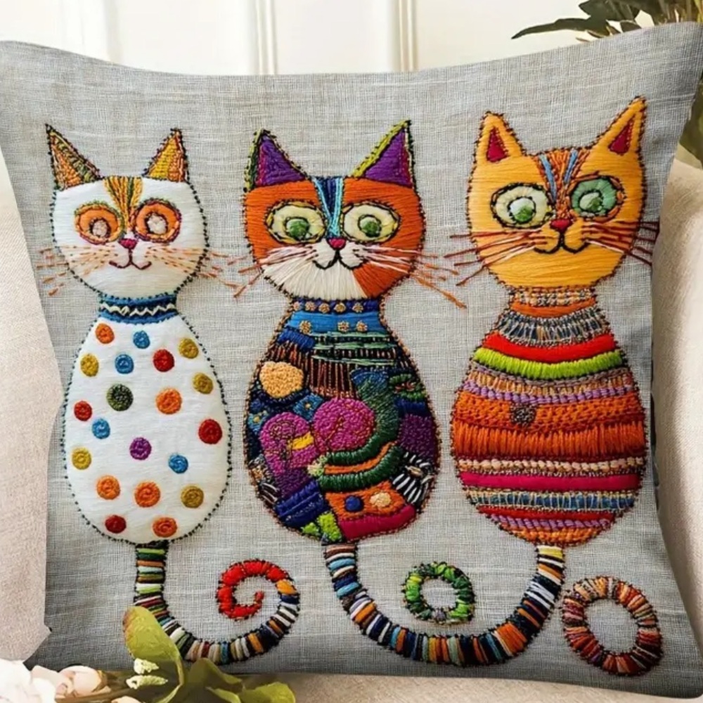 Quirky Cat Embroidered Zipper Closure, 18x18 Inch Decorative Cushion Cover New